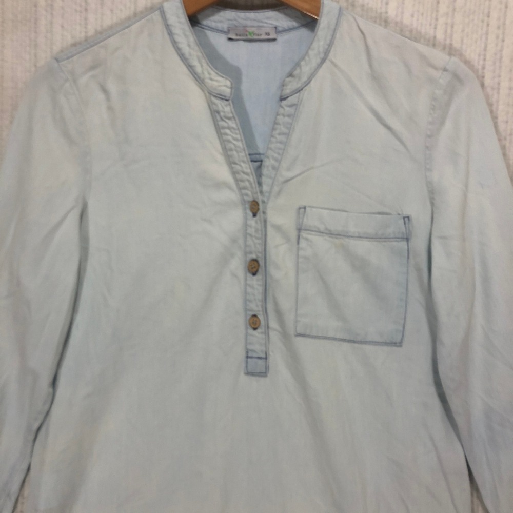 Beija Flor‎ Womens Light Wash Chambray Tunic Top XS Blue Viscose Cotton Brazil